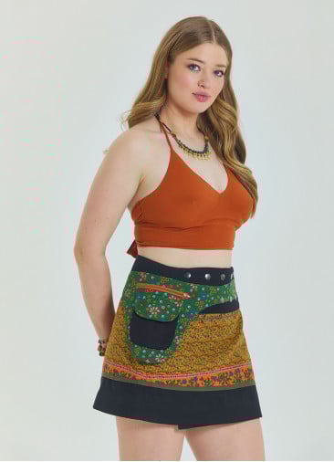 Snap Front Pocket Patchwork Wrap Green Plus Size Skirt 4688